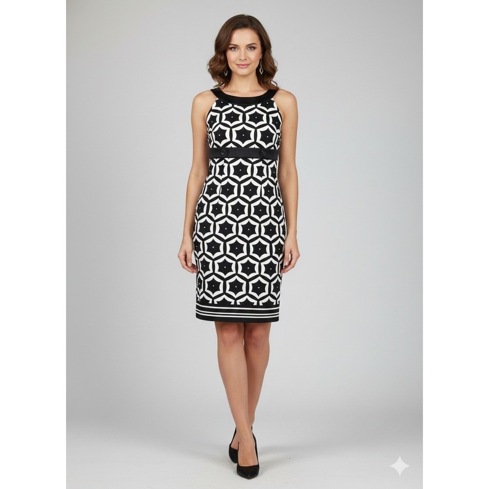 Women's Black White Geometric Print Sleeveless Sheath‎ Dress With Yellow Lining